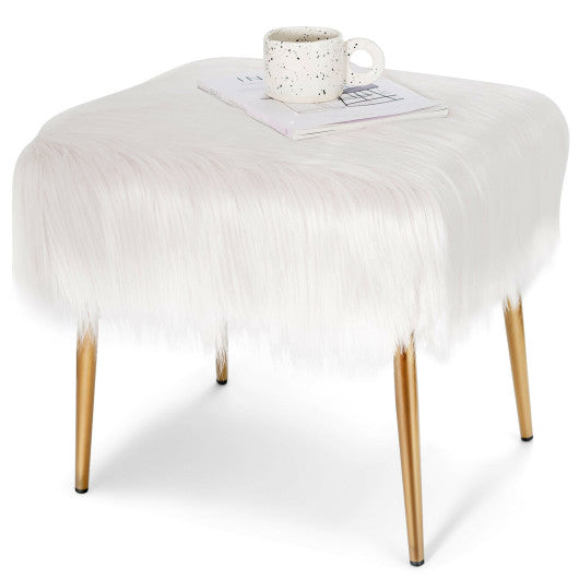 Faux Fur Vanity Stool with Golden Metal Legs for Makeup Room-White