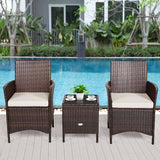 3 Pieces Patio Rattan Furniture Set Cushioned Sofa and Glass Tabletop Deck-White