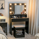 Vanity Table Set with Lighted Mirror and Cushion Stool-Black