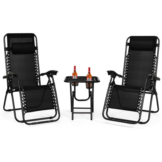 3 Pieces Folding Portable Zero Gravity Reclining Lounge Chairs Table Set-Black