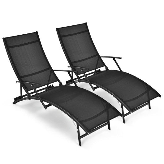 2 Pieces Patio Folding Stackable Lounge Chair Chaise with Armrest-Black