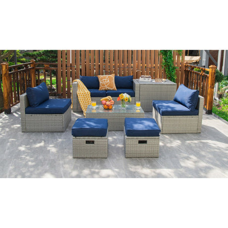 8 Pieces Patio Rattan Furniture Set with Storage Waterproof Cover and Cushion-Navy