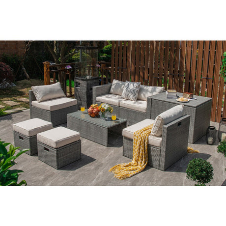 8 Pieces Patio Rattan Furniture Set with Storage Waterproof Cover and Cushion-Off White