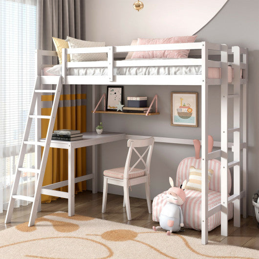 Twin Size Loft Bed Frame with Desk Angled and Built-in Ladder-White