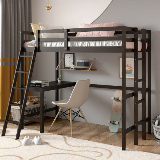 Twin Size Loft Bed Frame with Desk Angled and Built-in Ladder-Espresso