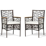 2 Pieces PE Wicker Patio Bistro Dining Chairs with Acacia Wood Armrests and Cushions