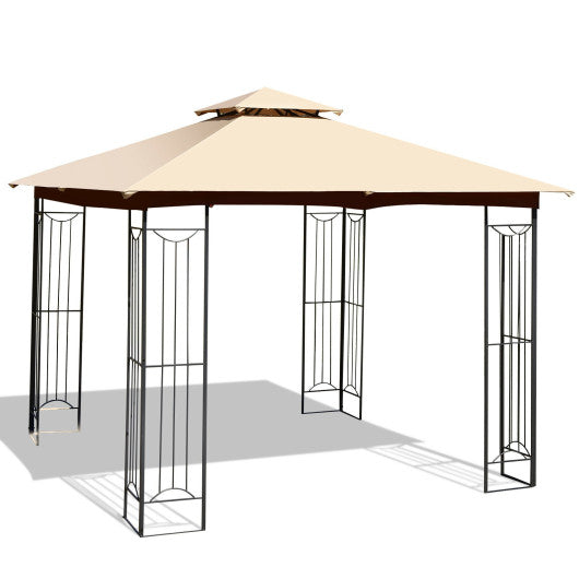 10 x 10 Feet L-Shaped Patio Canopy Gazebo Outdoor 2-Tier Steel Tent-Beige