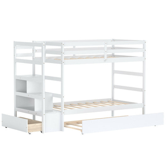Twin Over Twin Bunk Bed with Storage Shelf and Drawer-White