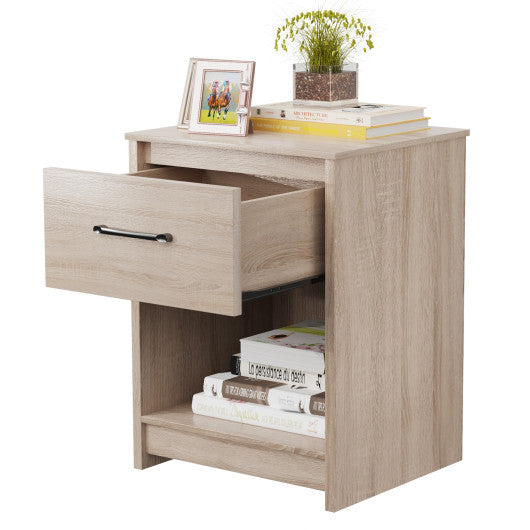 Wooden Nightstand with Drawer and Open Storage Compartment-Natural