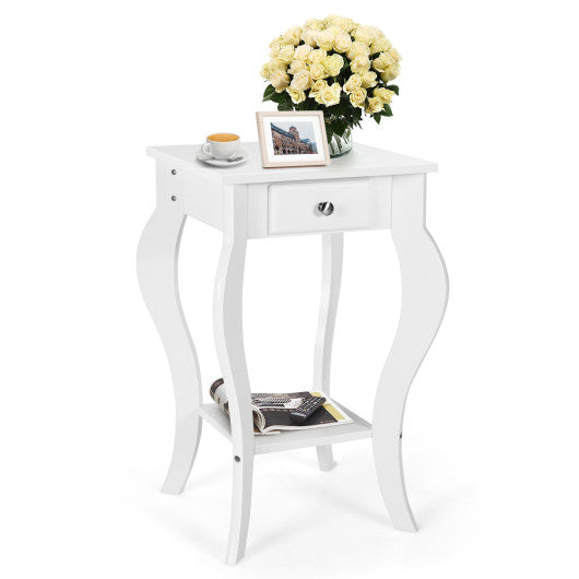 2-Tier End Table with Drawer and Shelf for Living Room Bedroom-White