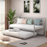 Twin Metal Daybed Sofa Bed Set with Roll Out Trundle-Silver