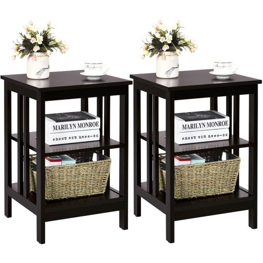 2 Pieces 3-Tier Nightstand with Reinforced Bars and Stable Structure-Dark Brown