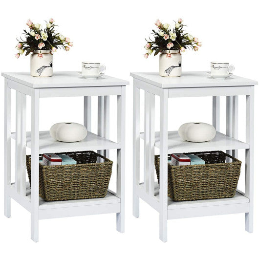2 Pieces 3-Tier Nightstand with Reinforced Bars and Stable Structure-White