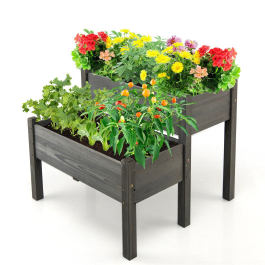 2 Tier Wooden Raised Garden Bed with Legs Drain Holes-Gray