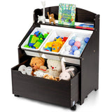 Kids Wooden Toy Storage Unit Organizer with Rolling Toy Box and Plastic Bins-Espresso