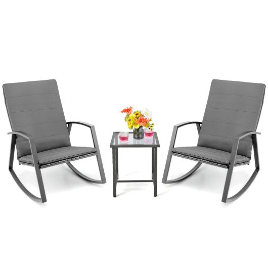 3 Pieces Patio Rattan Rocking Furniture Set-Gray