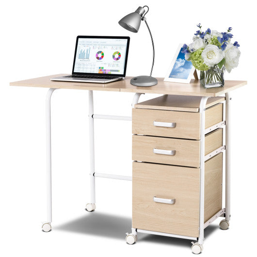 Folding Computer Laptop Desk Wheeled Home Office Furniture-Natural