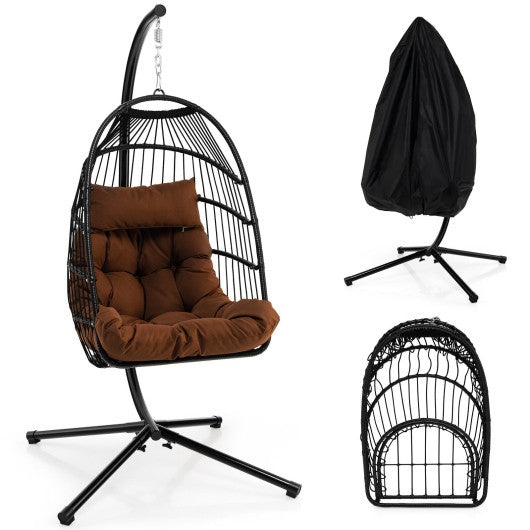 Patio Hanging Egg Chair with Stand Waterproof Cover and Folding Basket-Brown