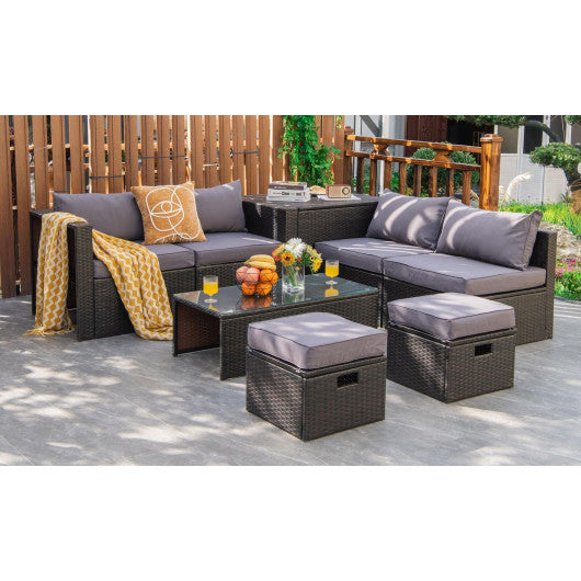 8 Pieces Patio Space-Saving Rattan Furniture Set with Storage Box and Waterproof Cover-Gray