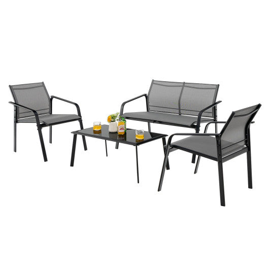 4 Pieces Patio Furniture Set with Armrest Loveseat Sofas and Glass Table Deck-Gray