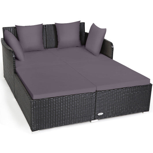 Spacious Outdoor Rattan Daybed with Upholstered Cushions and Pillows-Gray