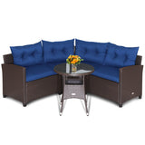 4 Pieces Patio Rattan Furniture Set Cushioned Sofa Glass Table-Navy