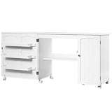 Folding Sewing Table Shelves Storage Cabinet Craft Cart with Wheels-White