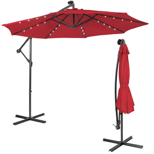 10 Feet Patio Solar Powered Cantilever Umbrella with Tilting System-Red