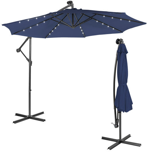 10 Feet Patio Solar Powered Cantilever Umbrella with Tilting System-Navy