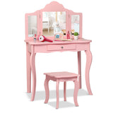 Kids Makeup Dressing Mirror Vanity Table Stool Set-Pink