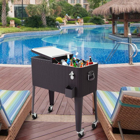 80QT Outdoor Party Portable Rattan Rolling Cooler Cart