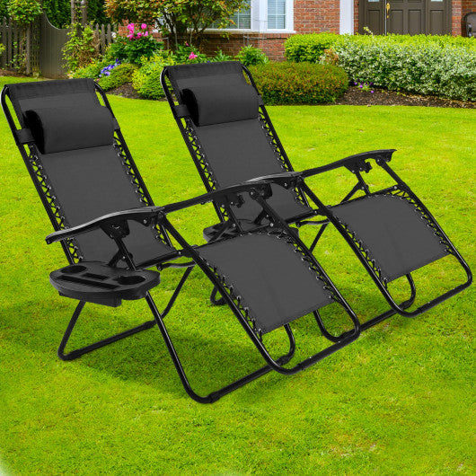 2 Pieces Folding Recliner Zero Gravity Lounge Chair - Black