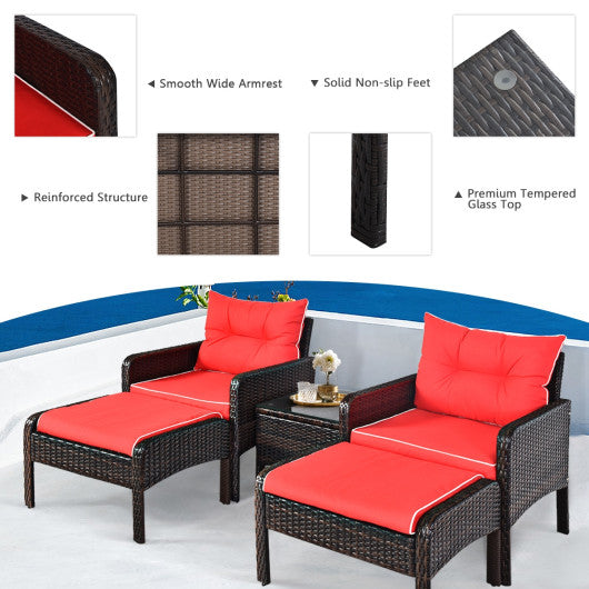 5 Pcs Patio Rattan Sofa Ottoman Furniture Set with Cushions-Red