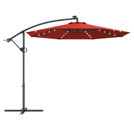 10 ft 360° Rotation Solar Powered LED Patio Offset Umbrella without Weight Base-Dark Red