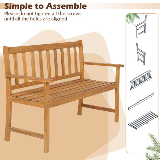 2-Person Patio Acacia Wood Bench with Backrest and Armrests