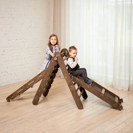 3in1 Montessori Climbing Frame Set: Triangle Ladder + Slide Board/Ramp + Net – Chocolate
