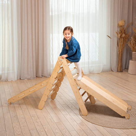 3in1 Montessori Climbing Frame Set: Triangle Ladder + Net + Slide Board/Ramp - Beige