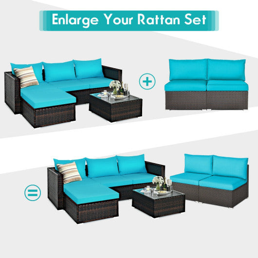 2 Pieces Patio Rattan Armless Sofa Set with 2 Cushions and 2 Pillows-Blue