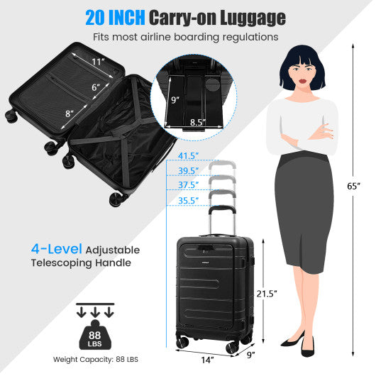 20 inch Carry-On Luggage PC Hardside Suitcase TSA Lock with Front Pocket and USB Port-Black | Costway