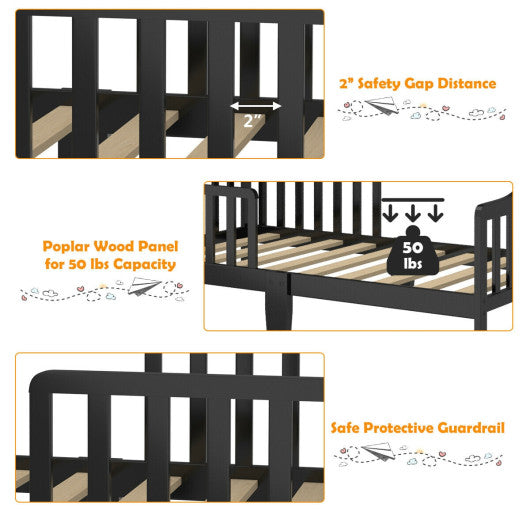 Classic Design Kids Wood Toddler Bed Frame with Two Side Safety Guardrails-Black