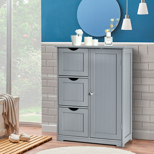 Bathroom Floor Cabinet Side Storage Cabinet with 3 Drawers and 1 Cupboard-Gray