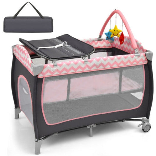 3-in-1 Portable Baby Playard with Zippered Door and Toy Bar-Pink