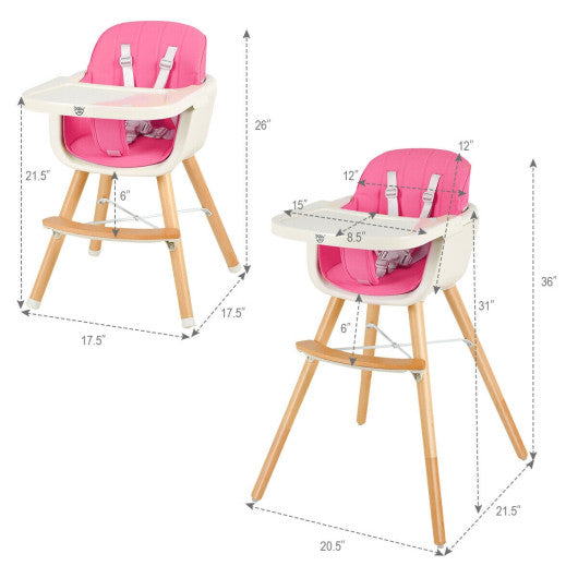 3-in-1 Convertible Wooden High Chair with Cushion-Pink
