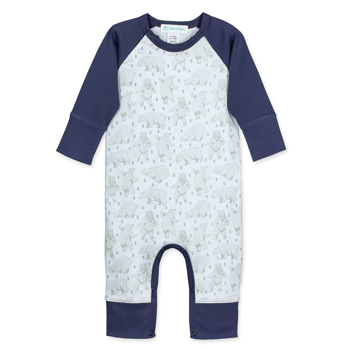 Sailor-Sleeve Long Romper - Dancing Bears on Baby Blue  100% Pima Cotton by Feather Baby