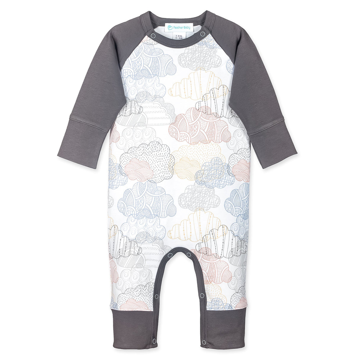 Sailor-Sleeve Long Romper - Colorful Clouds on White  100% Pima Cotton by Feather Baby