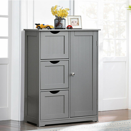 Bathroom Floor Cabinet Side Storage Cabinet with 3 Drawers and 1 Cupboard-Gray