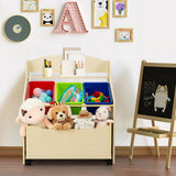 Kids Wooden Toy Storage Unit Organizer with Rolling Toy Box and Plastic Bins-Natural