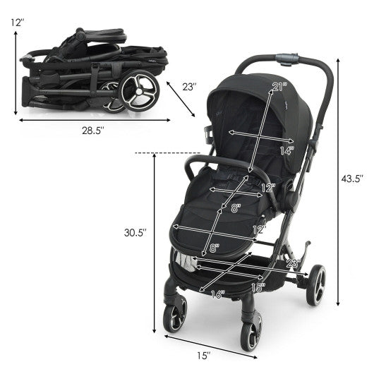 High Landscape Foldable Baby Stroller with Reversible Reclining Seat-Black