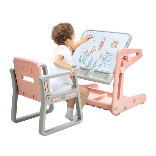 2-in-1 Kids Easel Desk Chair Set Book Rack Adjustable Art Painting Board