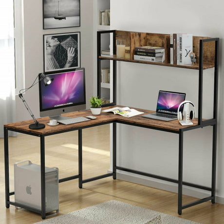Reversible L-Shaped Corner Desk with Storage Bookshelf-Brown
